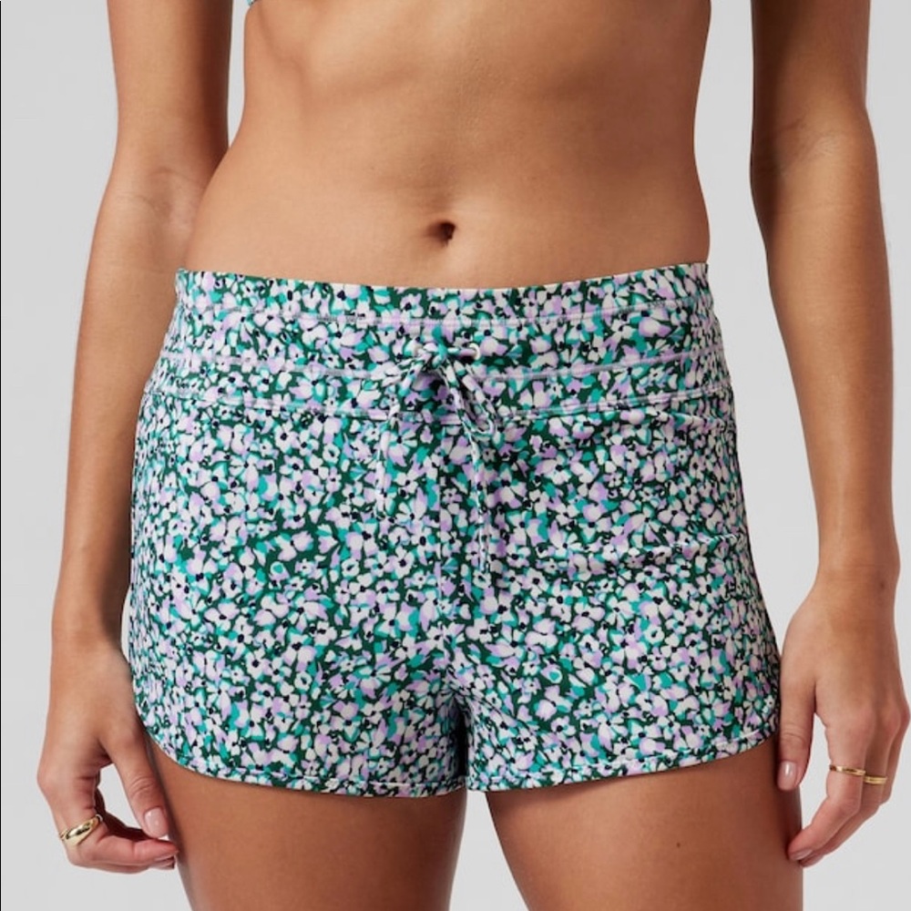 Athleta Green Floral Tie-Waist Swim Shorts